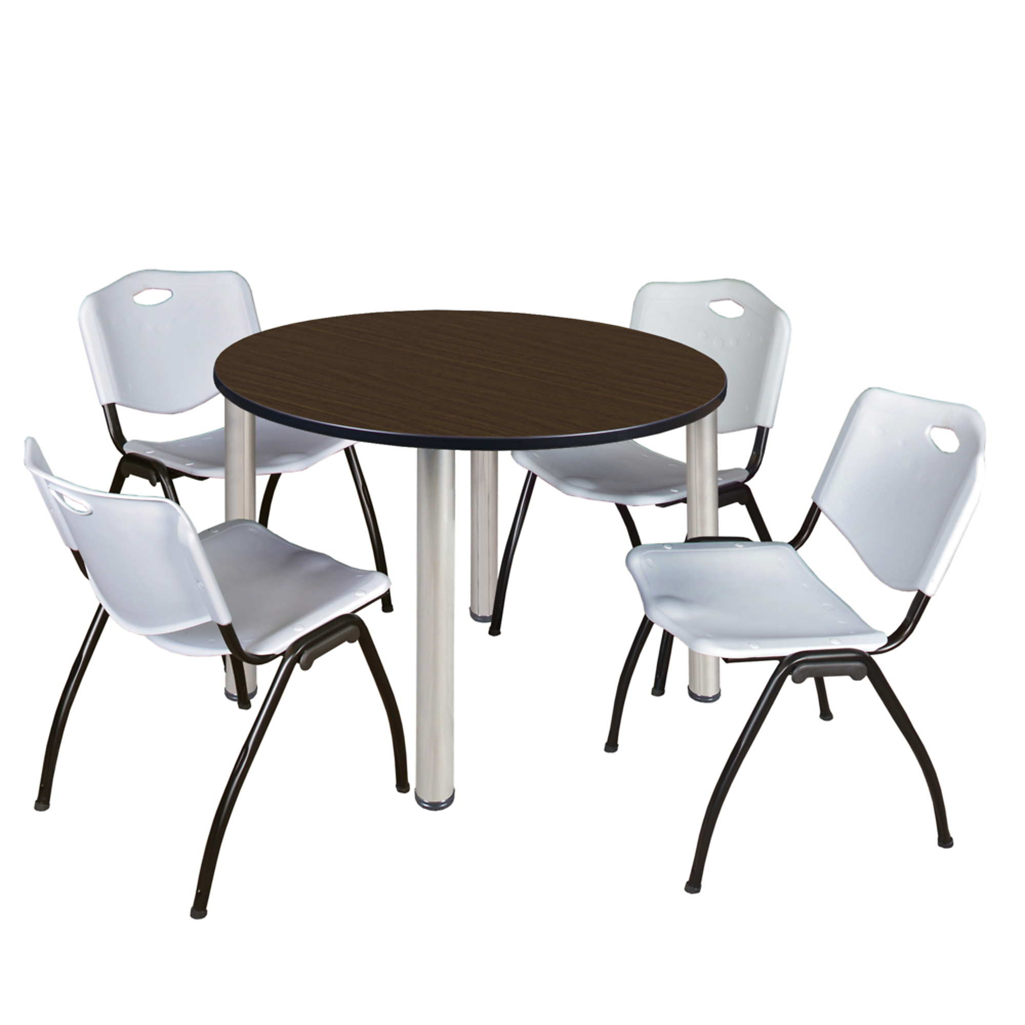 Regency Furniture Kee Round Breakroom Table — 48in., Neo Walnut/Chrome, 4 Grey 'M' Stack Chairs, Model# TB48RNDNWBPCM47GY